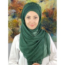Butik Ambar Saray Model Fransız Şifon Drapeli Simli Zümrüt Rengi Hazır Şal