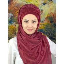 Butik Ambar Saray Model Fransız Şifon Drapeli Simli Bordo Hazır Şal