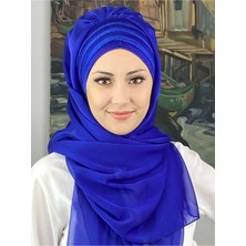 Butik Ambar Topkapı Çapraz Drapeli Biritleri Simli Fransız Şifon Saks Mavisi Hazır Şal