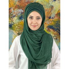 Butik Ambar Topkapı Çapraz Fransız Şifon Drapeli Simli Zümrüt Yeşili Hazır Şal