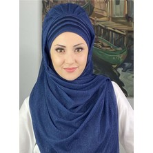 Butik Ambar Topkapı Çapraz Fransız Şifon Drapeli Simli Açık Lacivert Hazır Şal