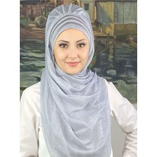 Butik Ambar Topkapı Çapraz Fransız Şifon Drapeli Simli Açık Gri Hazır Şal