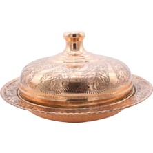 Copperdone El Işlemeli Kabartma Çiçek Motifli Yuvarlak Bakır Servis Tabağı 35 cm