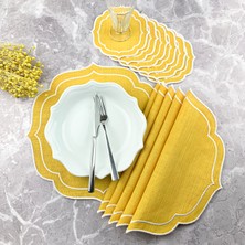 Weare2 Sarı Renkli Beyaz Çift Sargı Nakışlı 12 Parça Set Amerikan Servis ve Kokteyl Peçetesi