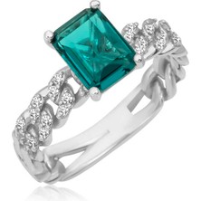 Stil Love Gümüş Koyu Yeşil Baget Taşlı Kadın Yüzük