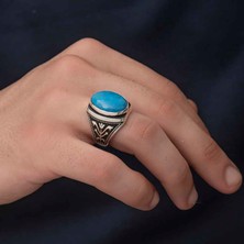 Stil Love Gümüş Zirkon Turkuaz Taşlı Oval Erkek Yüzük