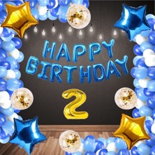 Best Parti Mavi Happy Bırthday Folyo Gold Rakam Balon Seti Yaş 2