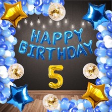 Best Parti Mavi Happy Bırthday Folyo Gold Rakam Balon Seti Yaş 5