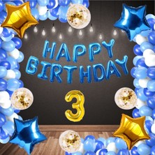 Rönesans Parti Mavi Happy Bırthday Folyo Gold Rakam Balon Seti Yaş 3