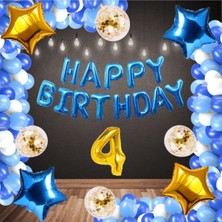 Rönesans Parti Mavi Happy Bırthday Folyo Gold Rakam Balon Seti Yaş 4
