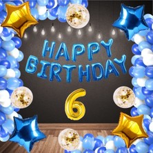 Rönesans Parti Mavi Happy Bırthday Folyo Gold Rakam Balon Seti Yaş 6