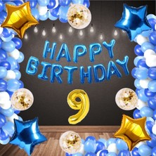 Rönesans Parti Mavi Happy Bırthday Folyo Gold Rakam Balon Seti Yaş 9