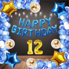 Rönesans Parti Mavi Happy Bırthday Folyo Gold Rakam Balon Seti Yaş 12