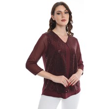 Ella Camelia Kadın Kolları Tül Detaylı Bluz 19E040 Bordo