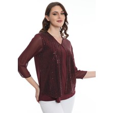 Ella Camelia Kadın Kolları Tül Detaylı Bluz 19E040 Bordo