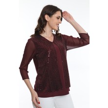 Ella Camelia Kadın Kolları Tül Detaylı Bluz 19E040 Bordo