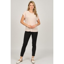 Ella Camelia Kadın Yakası Taş Detaylı Desenli Bluz 19E070 Pudra