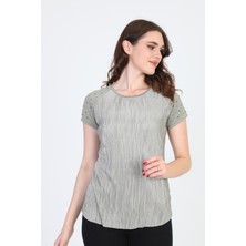 Ella Camelia Kadın Omzu Taş Detaylı Desenli Bluz 18E013 Haki