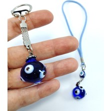 Helis Küre Nazar Boncuğu Anahtarlık + Küre Araba Dikiz Ayna Süsü El Yapımı Cam Hediyelik Ikili Set