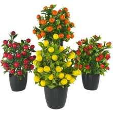 Nettenevime 4lü Set Yapay Çiçek Kiraz Nar Limon ve Mandalina Ağacı Siyah Saksıda 30CM