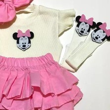 Özge Başaran Popüler Kız Bebek Pembe Fırfır Şortlu Etek, Kolsuz Bluz, Diz Altı Çorap ve Fiyonklu Saç Bandı Takımı