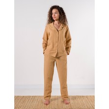 Lino Keten Gömlek Pijama Kum Beji