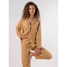 Lino Keten Gömlek Pijama Kum Beji