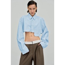 Madmext Mavi Cep Detaylı Crop Gömlek MG1644