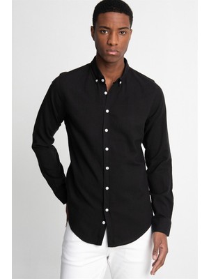Tudors Erkek Slim Fit Dar Kesim %100 Pamuk Keten Doku Düğmeli Yaka Siyah Gömlek