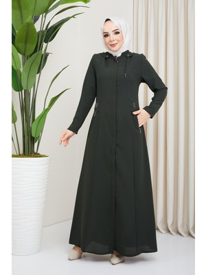 Hafsa Mina Kapüşonlu Fermuarlı Haki Ferace