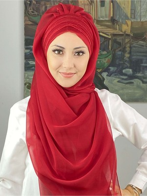 Butik Ambar Topkapı Çapraz Drapeli Biritleri Simli Fransız Şifon Kırmızı Hazır Şal