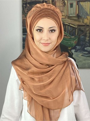 Butik Ambar Topkapı Çapraz Drapeli Biritleri Simli Fransız Şifon Açık Bakır Hazır Şal