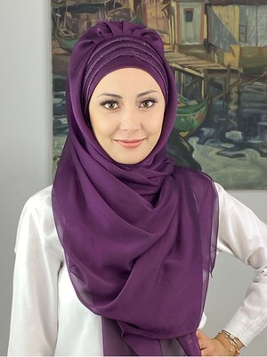 Butik Ambar Topkapı Çapraz Drapeli Biritleri Simli Fransız Şifon Koyu Mor Hazır Şal