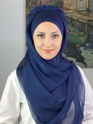 Butik Ambar Topkapı Çapraz Drapeli Fransız Şifon Açık Lacivert Hazır Şal