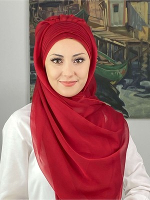 Butik Ambar Topkapı Çapraz Drapeli Fransız Şifon Kırmızı Hazır Şal