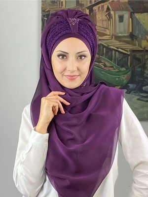 Butik Ambar Tek Biritli Sultan Model Büzgülü Fransız Şifon Koyu Mor Hazır Şal