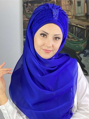 Butik Ambar Tek Biritli Sultan Model Büzgülü Fransız Şifon Saks Mavisi Hazır Şal
