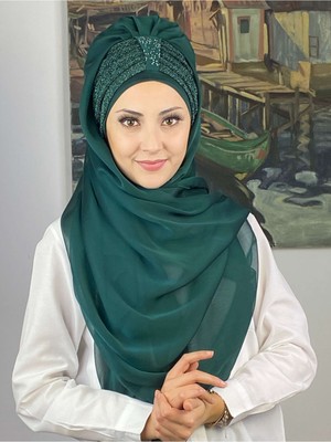 Butik Ambar Tek Biritli Sultan Model Büzgülü Fransız Şifon Zümrüt Yeşili Hazır Şal