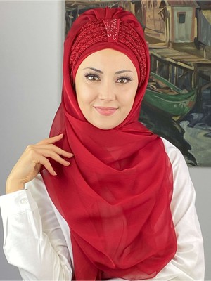 Butik Ambar Tek Biritli Sultan Model Büzgülü Fransız Şifon Kırmızı Hazır Şal