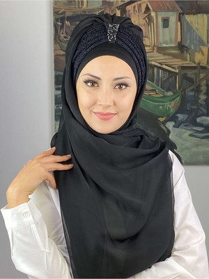 Butik Ambar Tek Biritli Sultan Model Büzgülü Fransız Şifon Siyah Hazır Şal