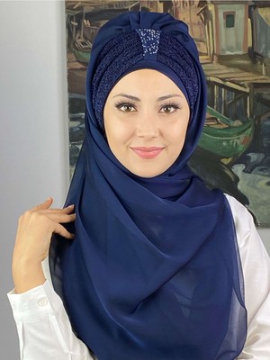 Butik Ambar Tek Biritli Sultan Model Büzgülü Fransız Şifon Lacivert Hazır Şal