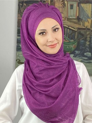 Butik Ambar Saray Model Simli Drapeli Simli Şifon Fuşya Hazır Şal