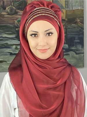 Butik Ambar Saray Model Simli Drapeli Fransız Şifon Bordo Hazır Şal