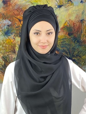 Butik Ambar Saray Model Simli Drapeli Fransız Şifon Siyah Hazır Şal