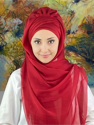 Butik Ambar Saray Model Simli Drapeli Fransız Şifon Kırmızı Hazır Şal
