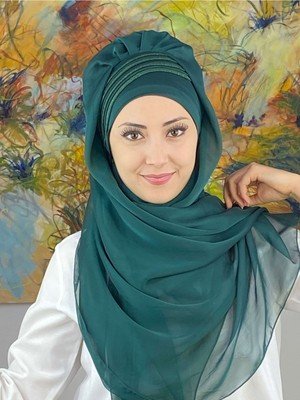 Butik Ambar Saray Model Simli Drapeli Fransız Şifon Zümrüt Yeşili Hazır Şal
