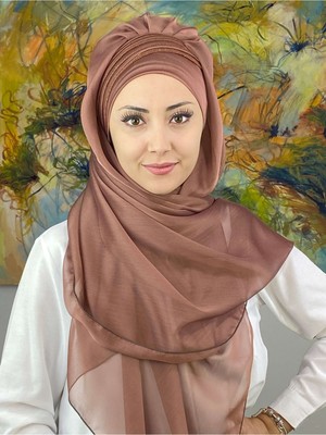 Butik Ambar Saray Model Simli Drapeli Fransız Şifon Sütlü Kahve Hazır Şal