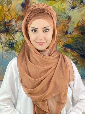 Butik Ambar Saray Model Simli Drapeli Fransız Şifon Açık Bakır Hazır Şal