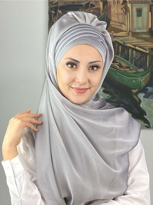 Butik Ambar Saray Model Simli Drapeli Fransız Şifon Açık Gri Hazır Şal