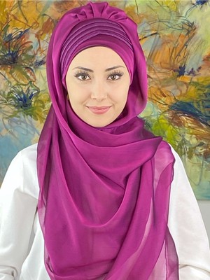 Butik Ambar Saray Model Simli Drapeli Fransız Şifon Fuşya Hazır Şal